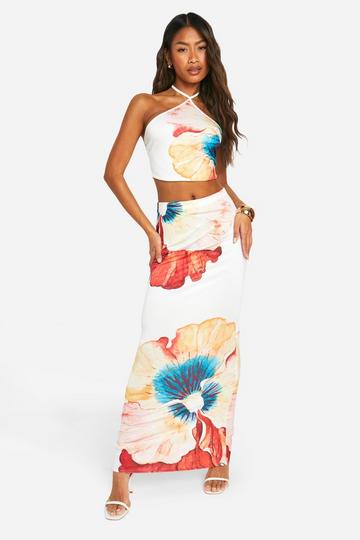 White Floral Halterneck Top And Tube Maxi Skirt Set