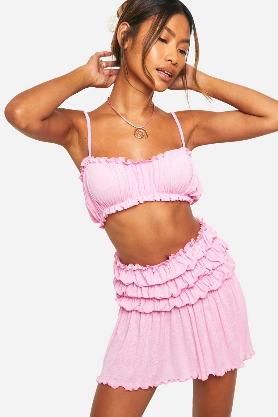 Pink Onion Skin Bralette And Matching Ruched Mini Skirt image number 1
