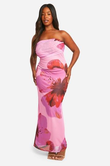 Plus Strapless Bloemen Midaxi Jurk pink