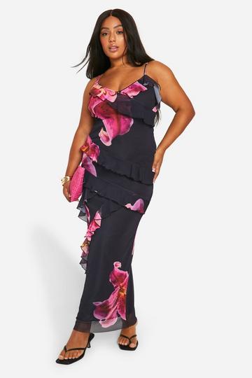 Plus Floral Mesh Ruffle Maxi Dress black