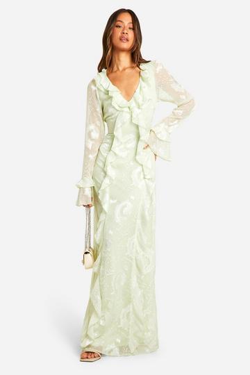 Sage Green Tall Ruffle Jacquard Chiffon Maxi Dress