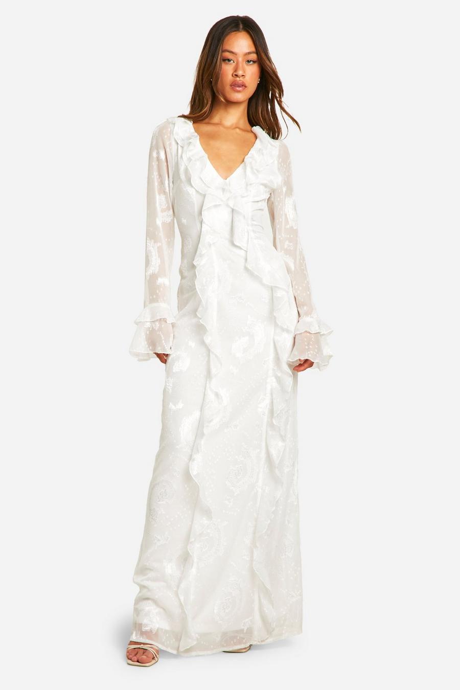 White Tall Ruffle Jacquard Chiffon Maxi Dress image number 1