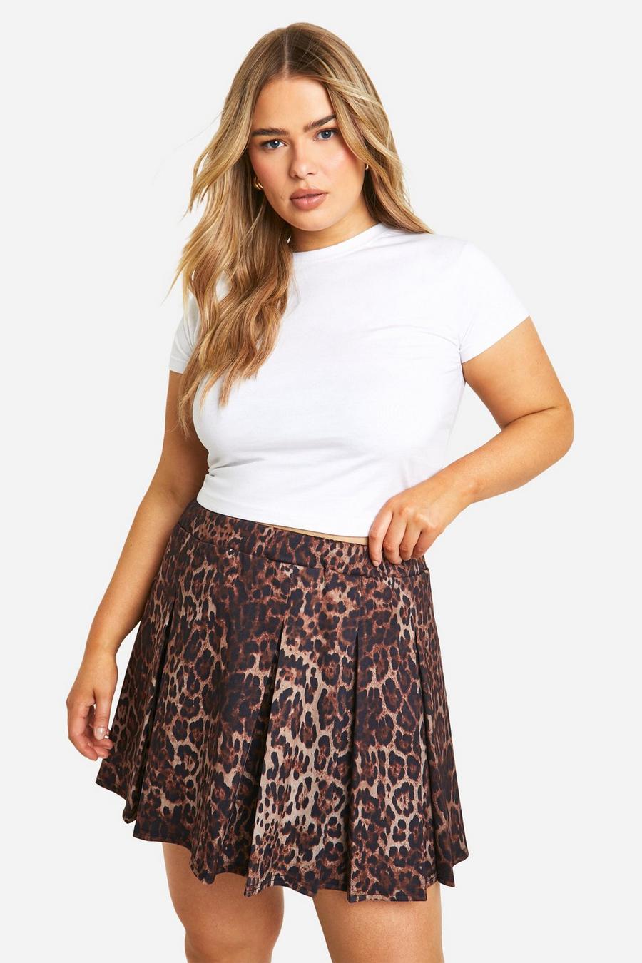 Brown Plus Leopard Print Pleated Woven Stretch Tennis Skirt