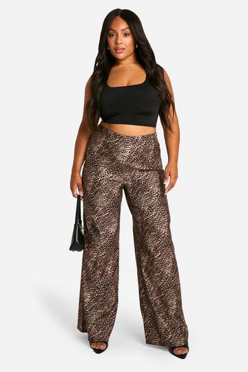 Plus Leopard Print Woven Stretch Wide Leg Trousers multi