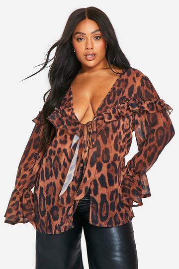 Plus Tie Front Ruffle Leopard Blouse brown