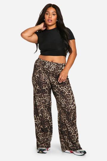 Plus Leopard Print Jersey Wide Leg Trousers brown