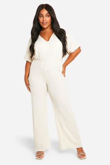 Plus Jersey Jumpsuit Met Textuur, Laag Decolleté En Ceintuur cream