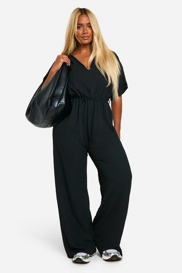 Black Plus Textured Jersey Plunge Belted Jumpsuit