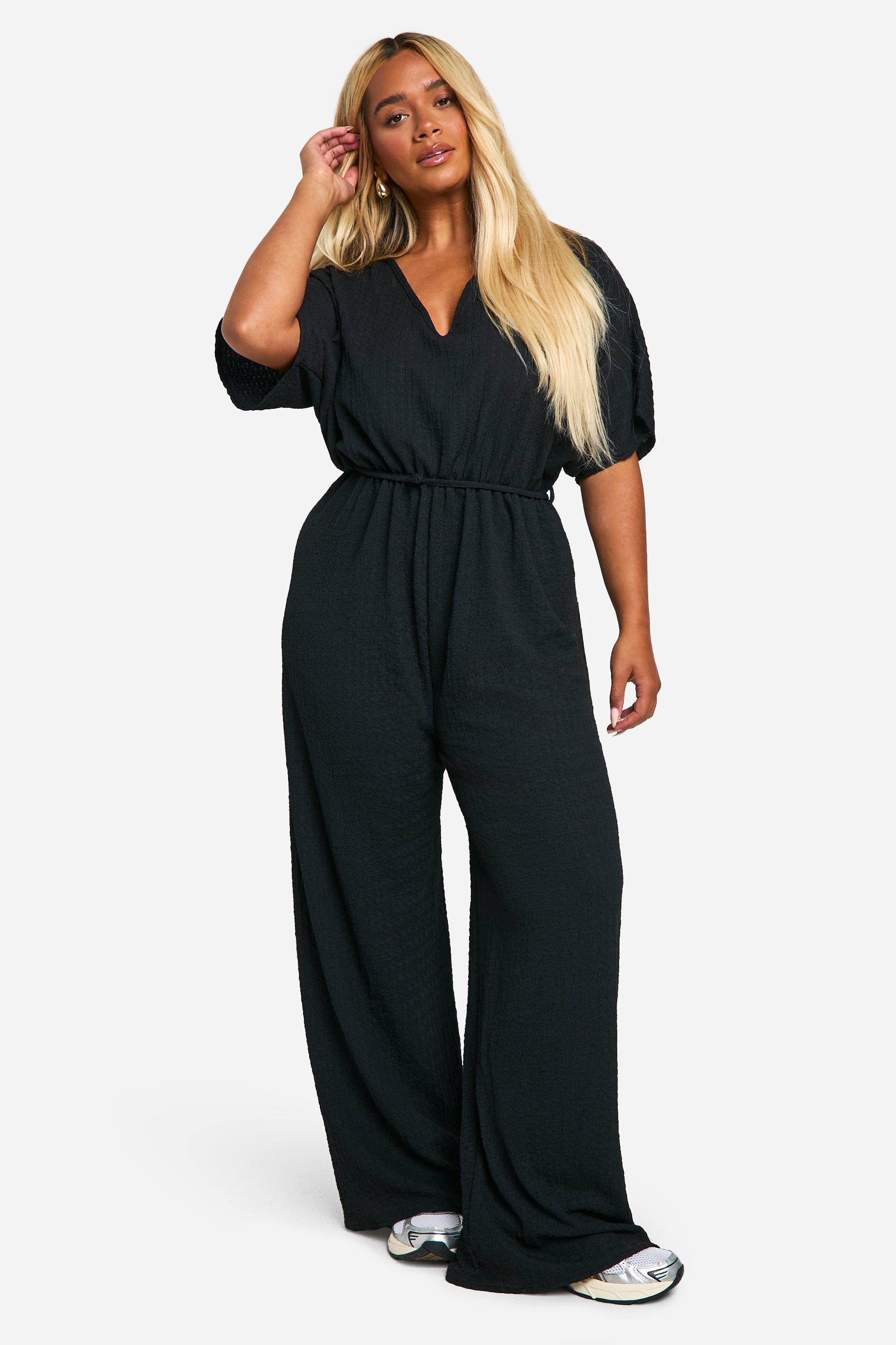 Plus Textured Jersey Plunge Belted Jumpsuit boohoo