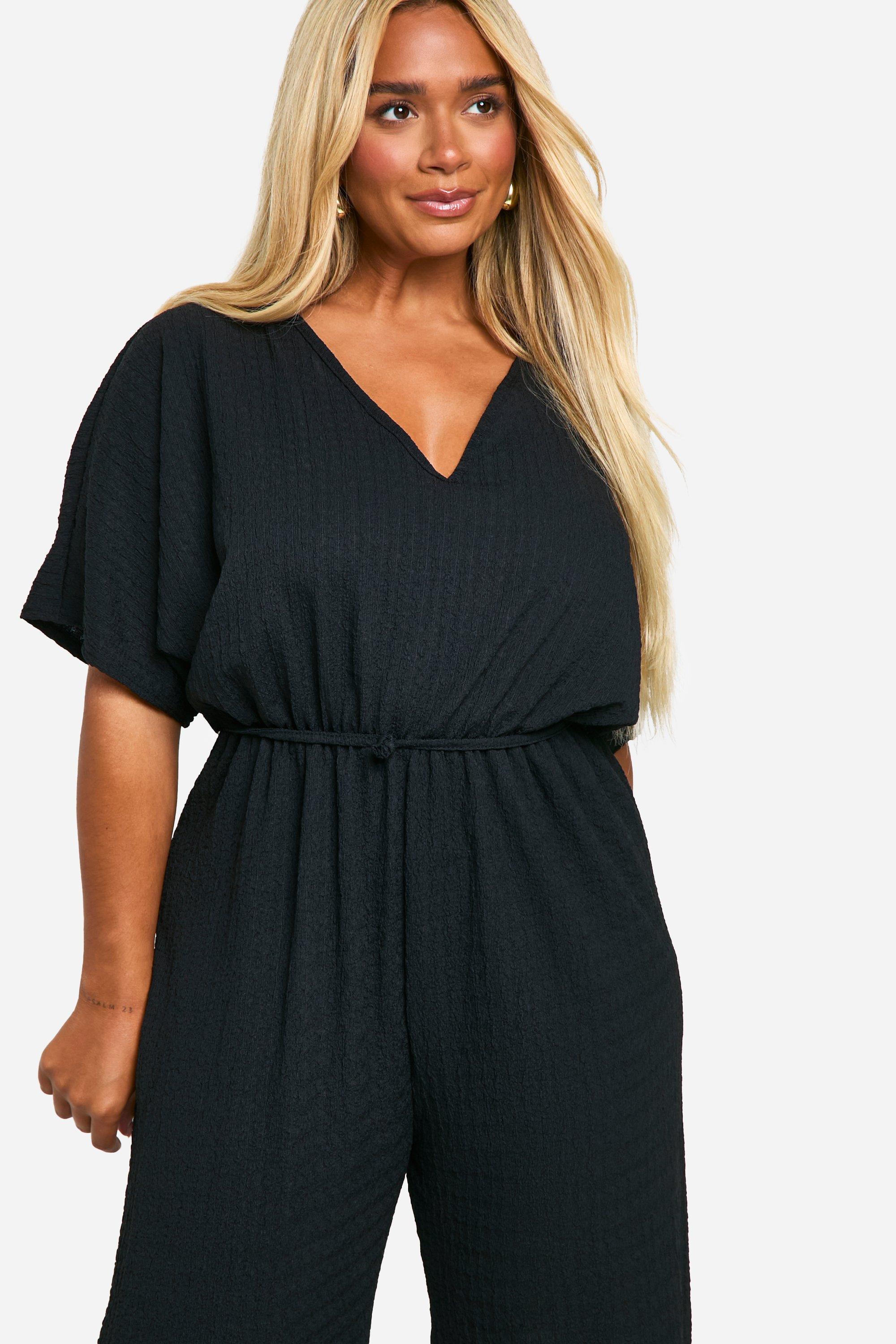 Plus Textured Jersey Plunge Belted Jumpsuit boohoo