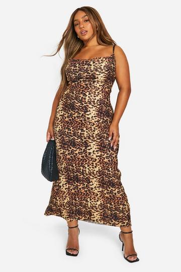 Plus Leopard Print Cowl Neck Plisse Maxi Dress brown