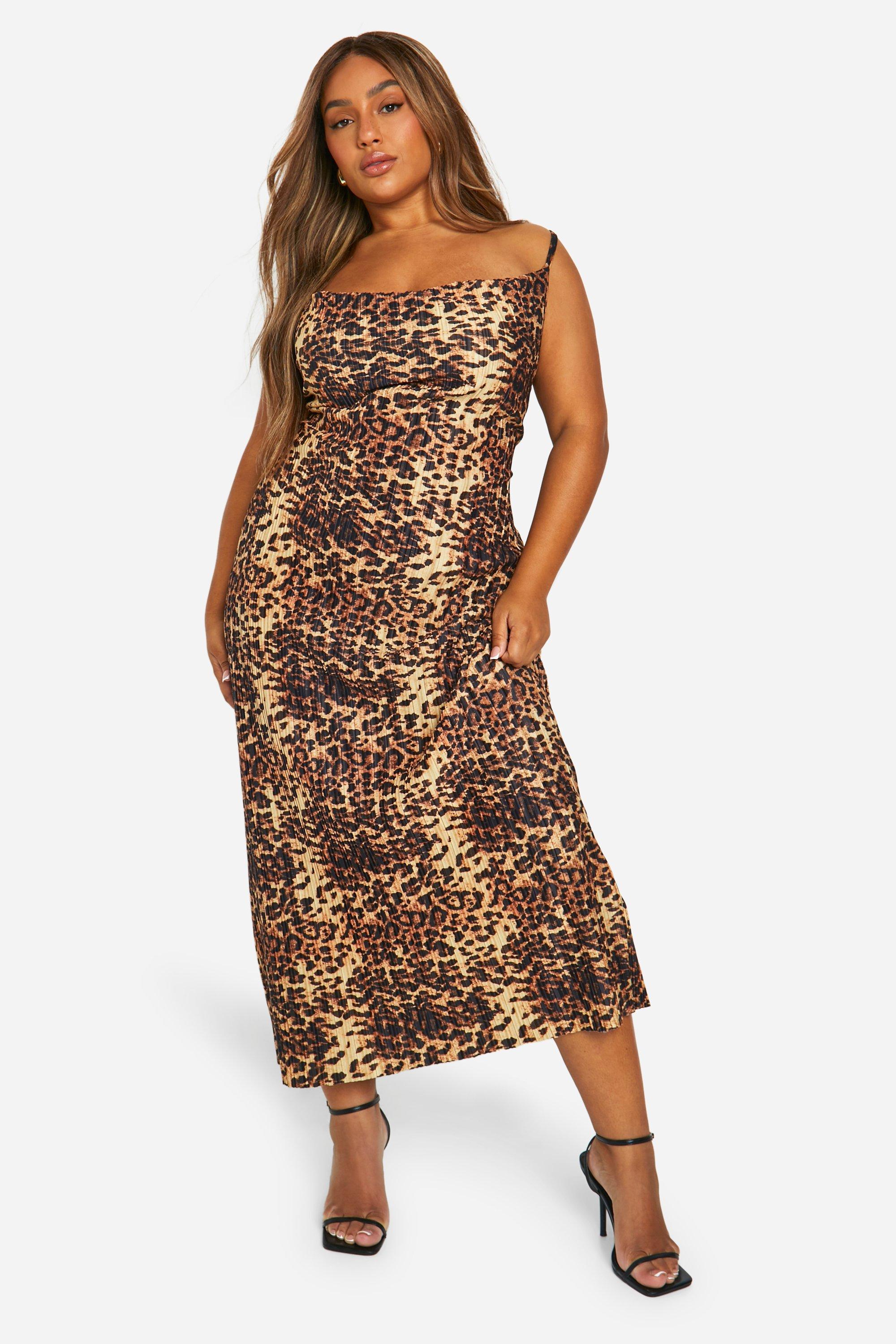 Plus Leopard Print Cowl Neck Plisse Maxi Dress