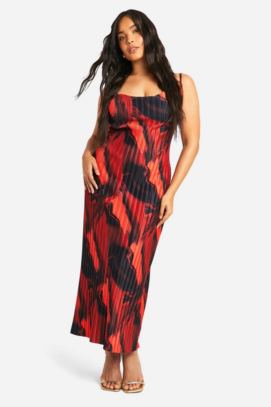 Red Plus Abstract Print Cowl Neck Plisse Maxi Dress