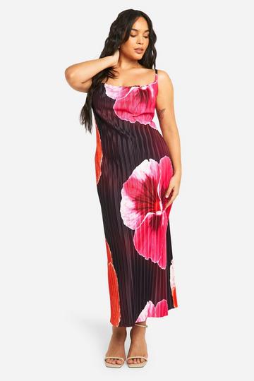 Purple Plus Large Floral Print Cowl Neck Plisse Maxi Dress