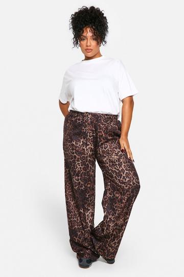 Plus Geweven Luipaardprint Broek Met Touwtjes brown