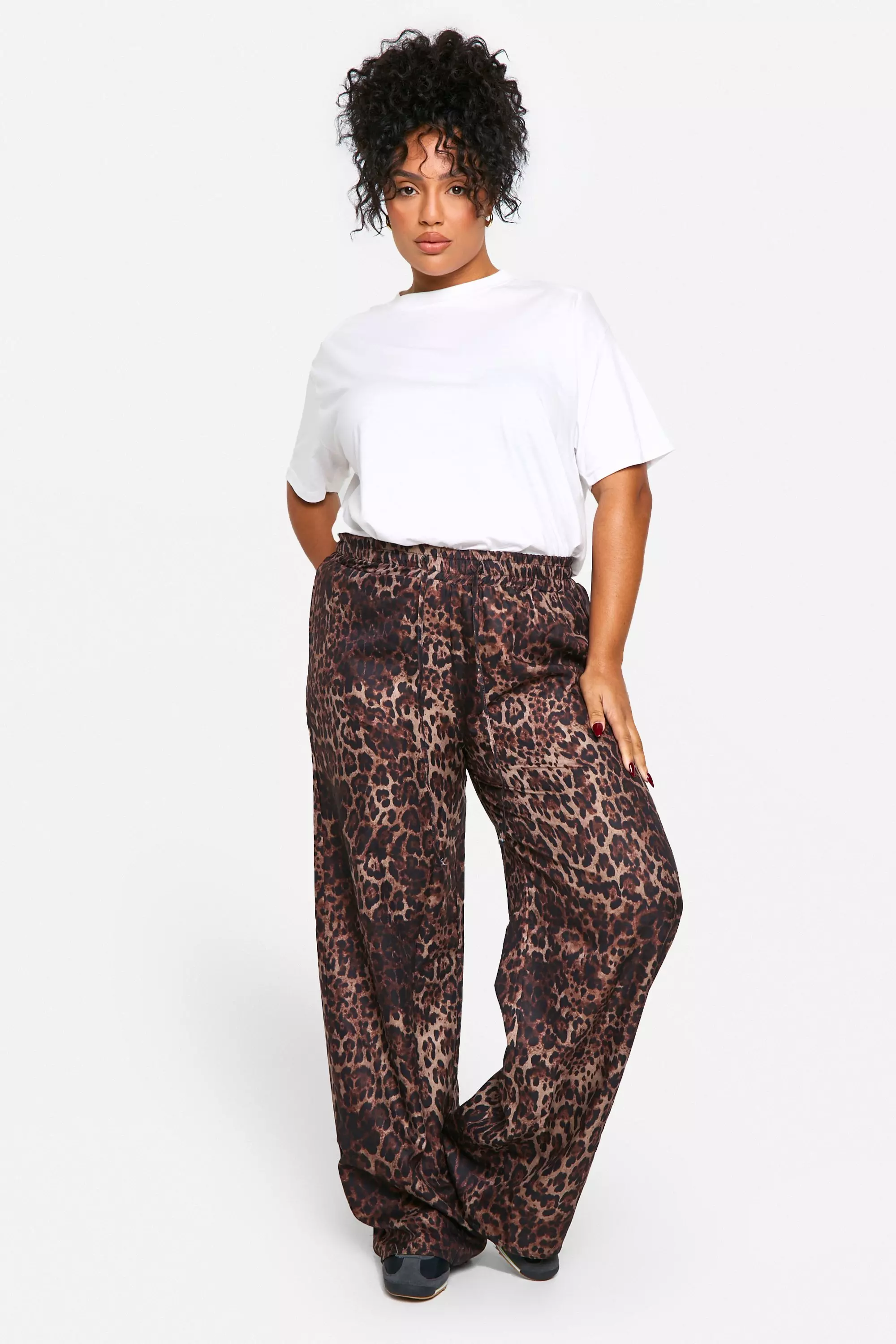 Brown Plus Leopard Print Woven Drawstring Trousers  صورة بديلة