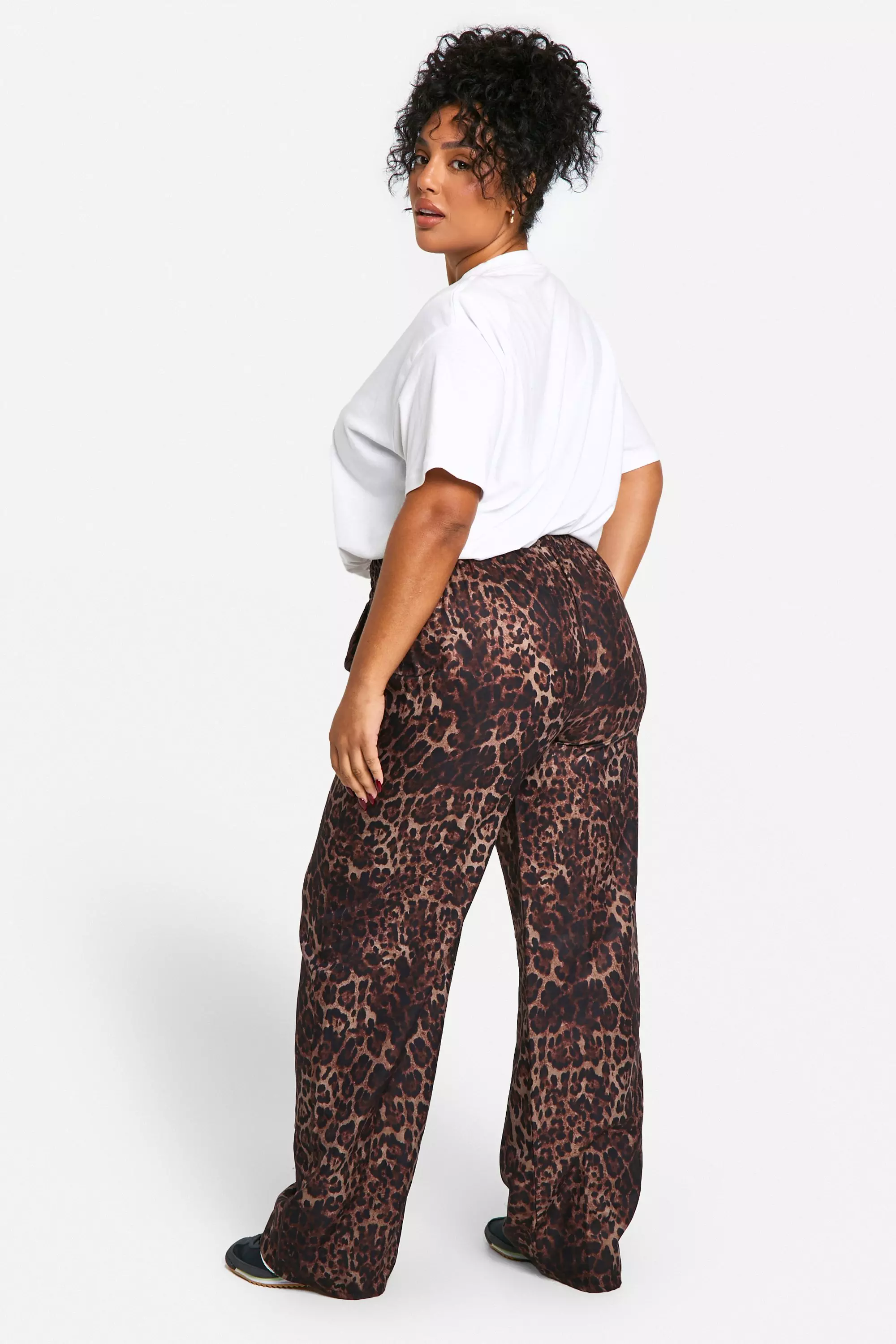 Brown Plus Leopard Print Woven Drawstring Trousers  صورة بديلة