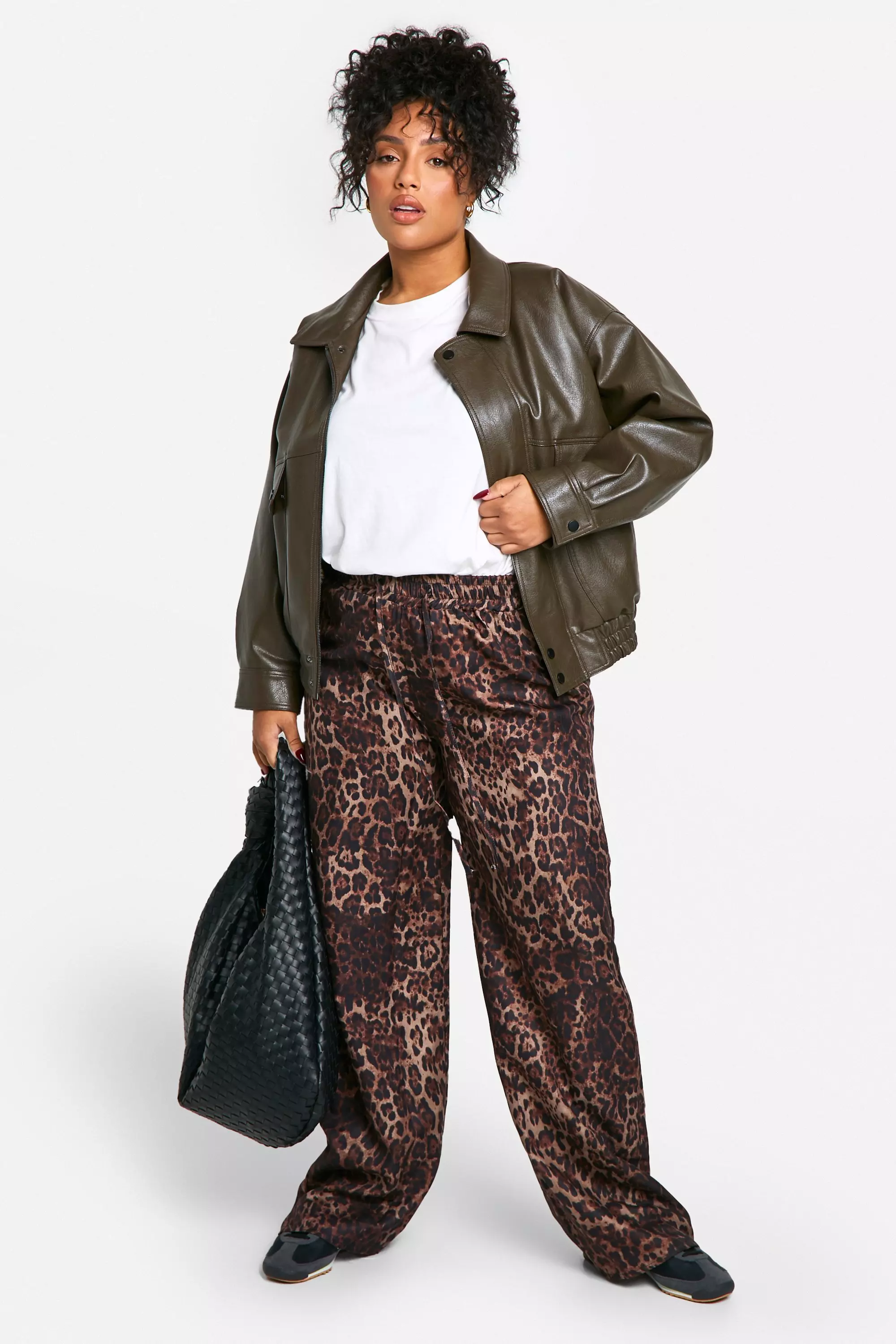 Brown Plus Leopard Print Woven Drawstring Trousers  صورة بديلة