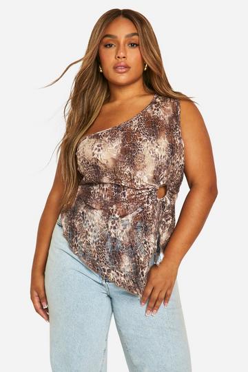 Plus One Shoulder Leopard Lace Top brown