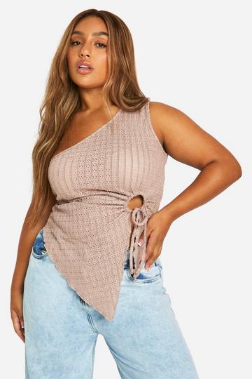 Plus Textured One Shoulder Keyhole Top mocha