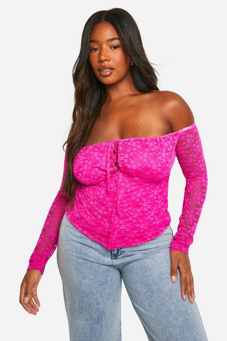 Hot pink Plus Bardot Lace Hook And Eye Corset Top  image number 1