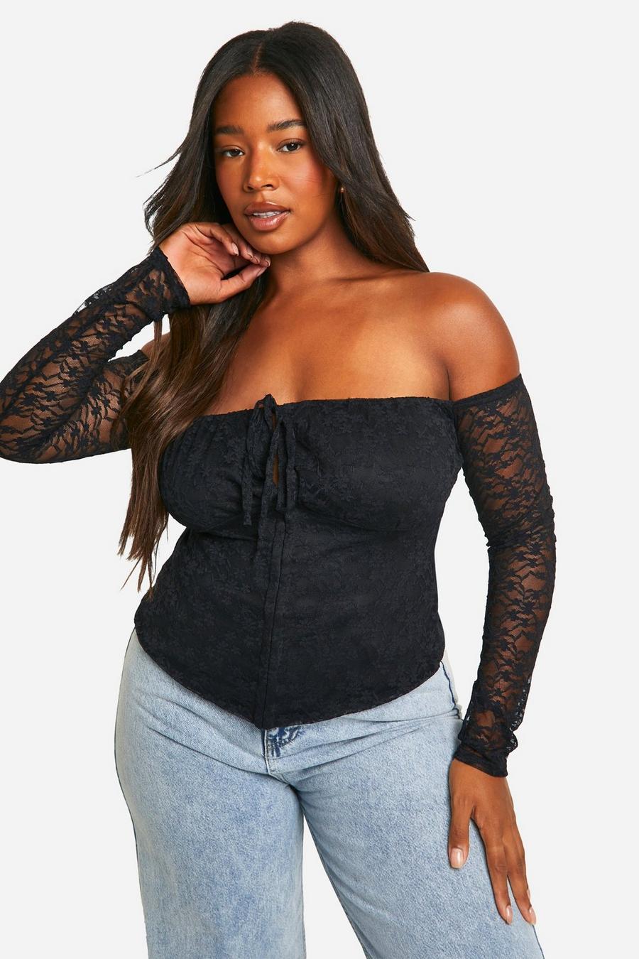 Black Plus Off The Shoulder Lace Hook And Eye Corset Top image number 1