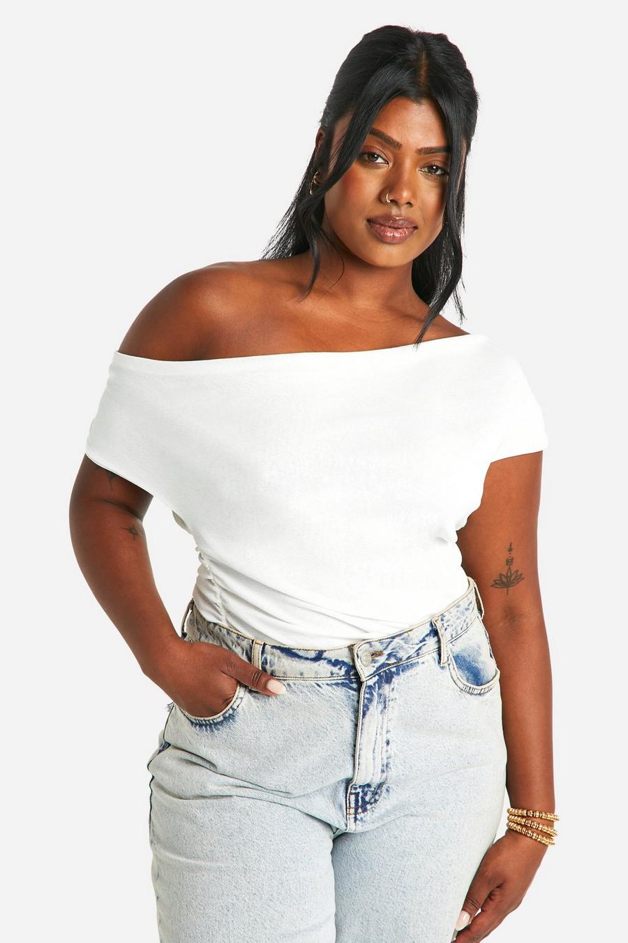 White Plus One Shoulder Ruched Double Layer Top