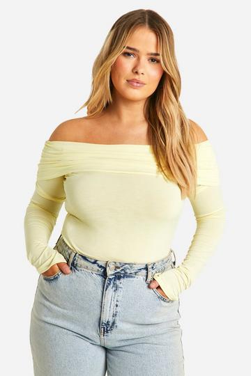 Plus Bardot Ruched Long Sleeve Top lemon