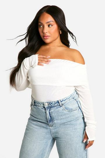 Plus Bardot Ruched Long Sleeve Top white