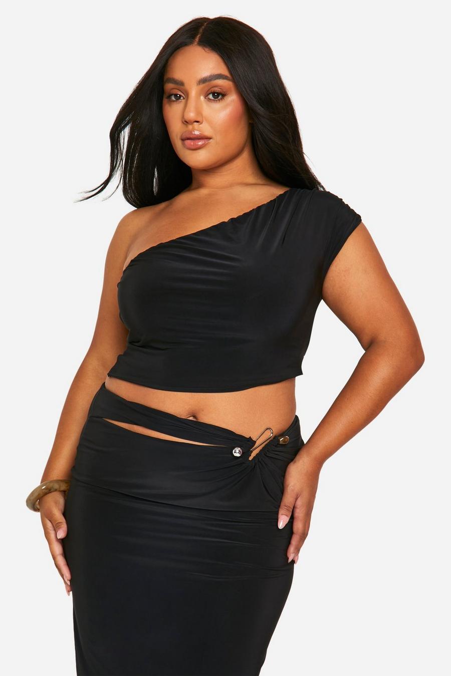 Black Plus Double Layer Slinky Asymmetric Off The Shoulder Top image number 1