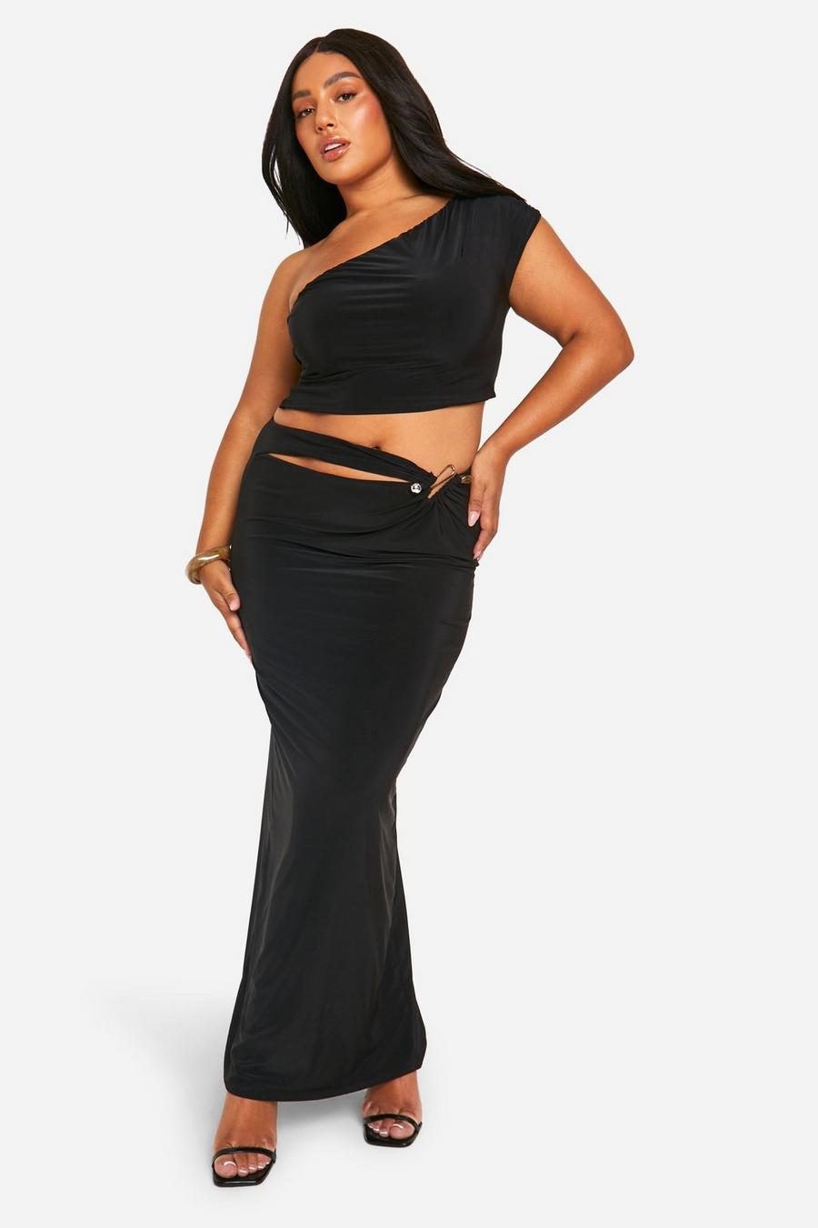 Black Plus Double Slinky Cut Out Trim Detail Maxi Skirt  image number 1