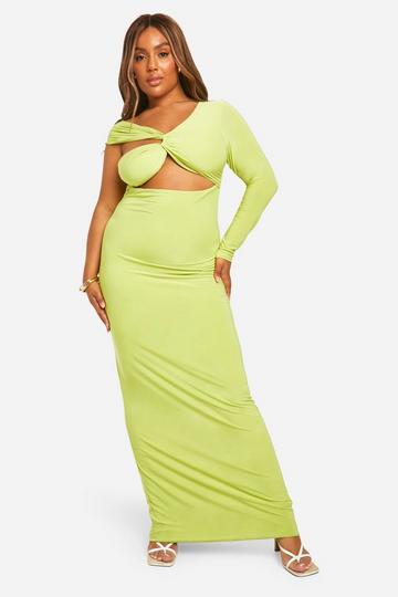 Plus Double Slinky Cut Out Detail One Sleeve Maxi Dress lime