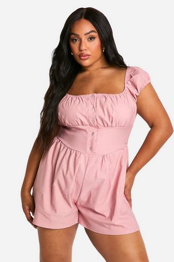 Plus Stretch Woven Puff Sleeve Milkmaid Playsuit pink