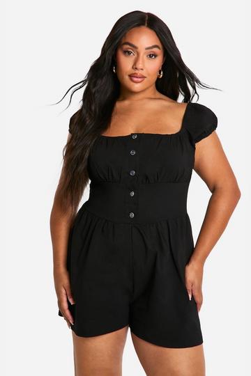 Plus Stretch Woven Puff Sleeve Milkmaid Playsuit black