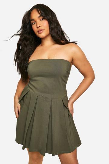 Plus Stretch Woven Bandeau Pleated Romper khaki