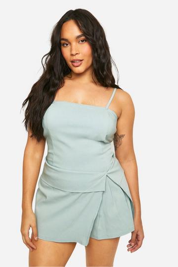 Plus Stretch Woven Fold Over Waist Detail Romper sage