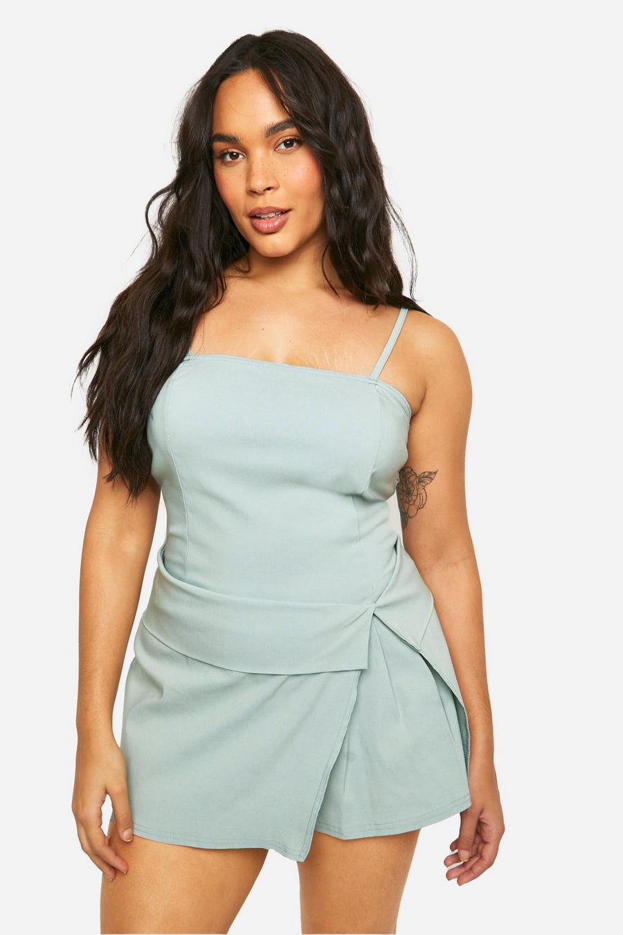 Sage Plus Stretch Woven Fold Over Waist Detail Playsuit  image number 1