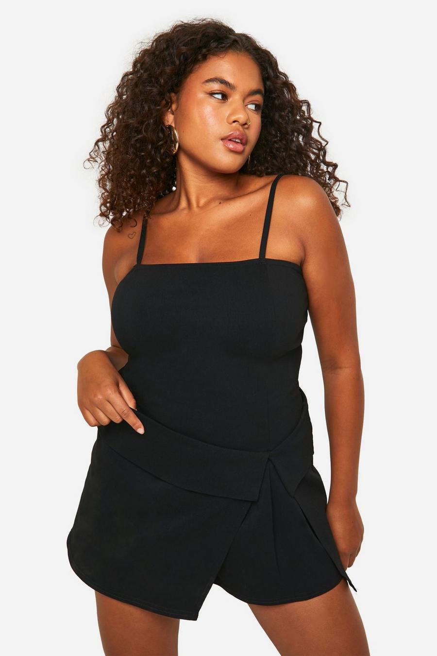 Black Plus Stretch Woven Fold Over Waist Detail Playsuit  image number 1