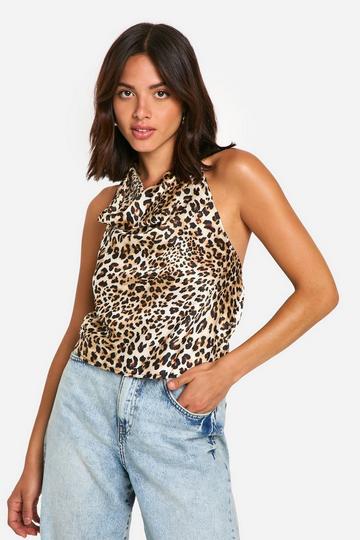 Satijnen Luipaardprint Hemdje Met Halter Neck brown