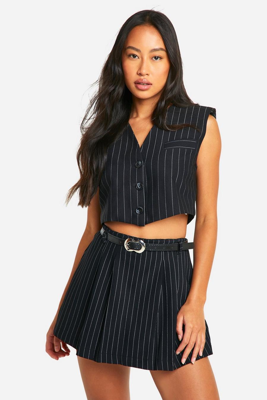 Black Woven Belted Pinstripe Tailored Shorts