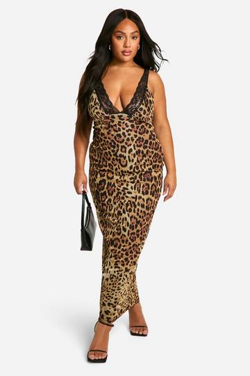 Plus Mesh Leopard Print Contrast Lace Plunge Maxi Dress multi
