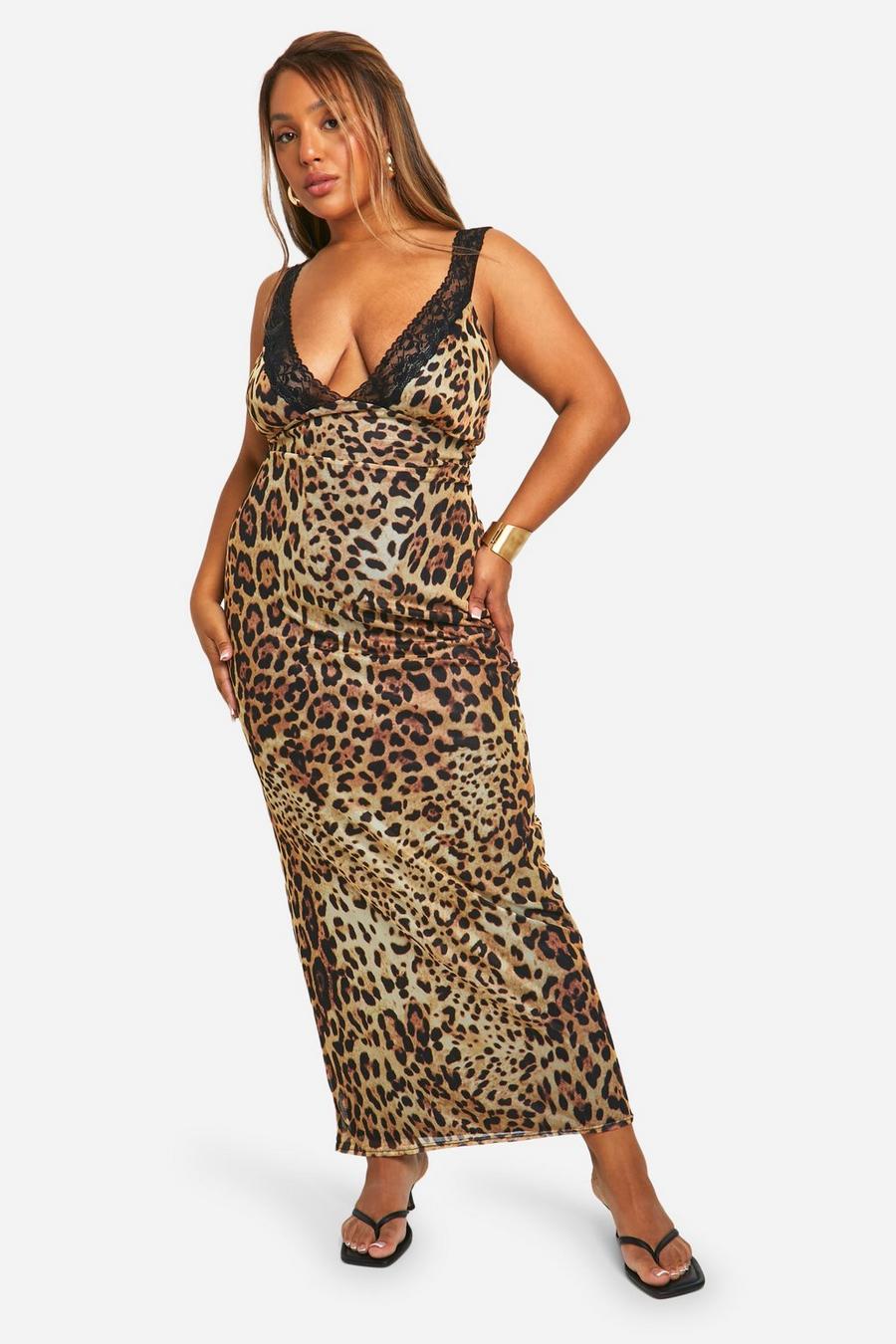 Multi Plus Mesh Leopard Print Contrast Lace Plunge Maxi Dress  image number 1