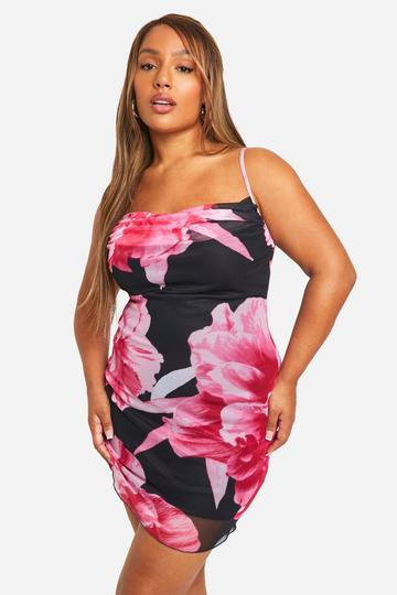 Plus Mesh Floral Print Strappy Cowl Neck Mini Dress pink