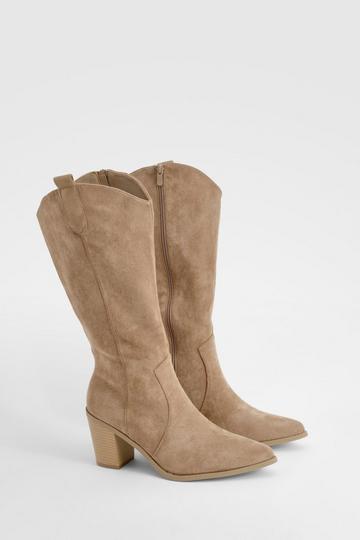 Western Style Pointed Toe Knee High Heeled Boot taupe