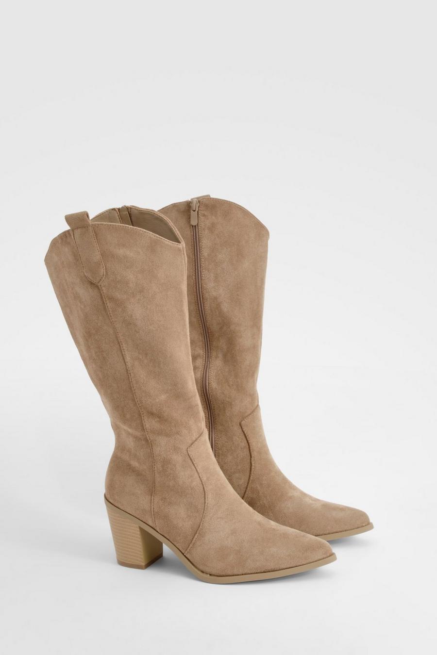 Taupe Western Style Pointed Toe Knee High Heeled Boot 