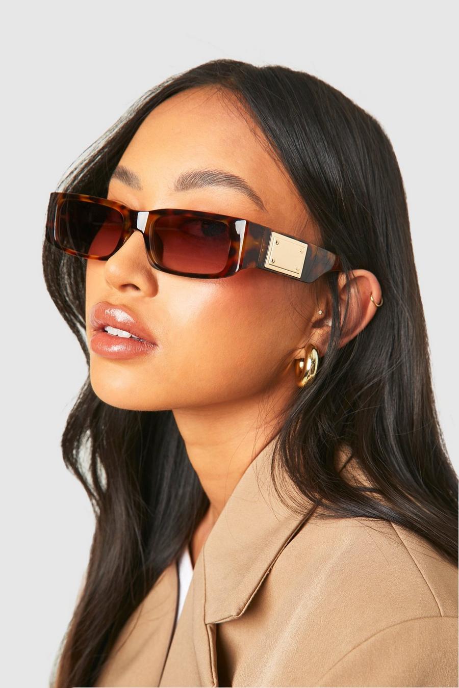Eckige Schildpatt-Sonnenbrille mit Gold-Detail, Brown