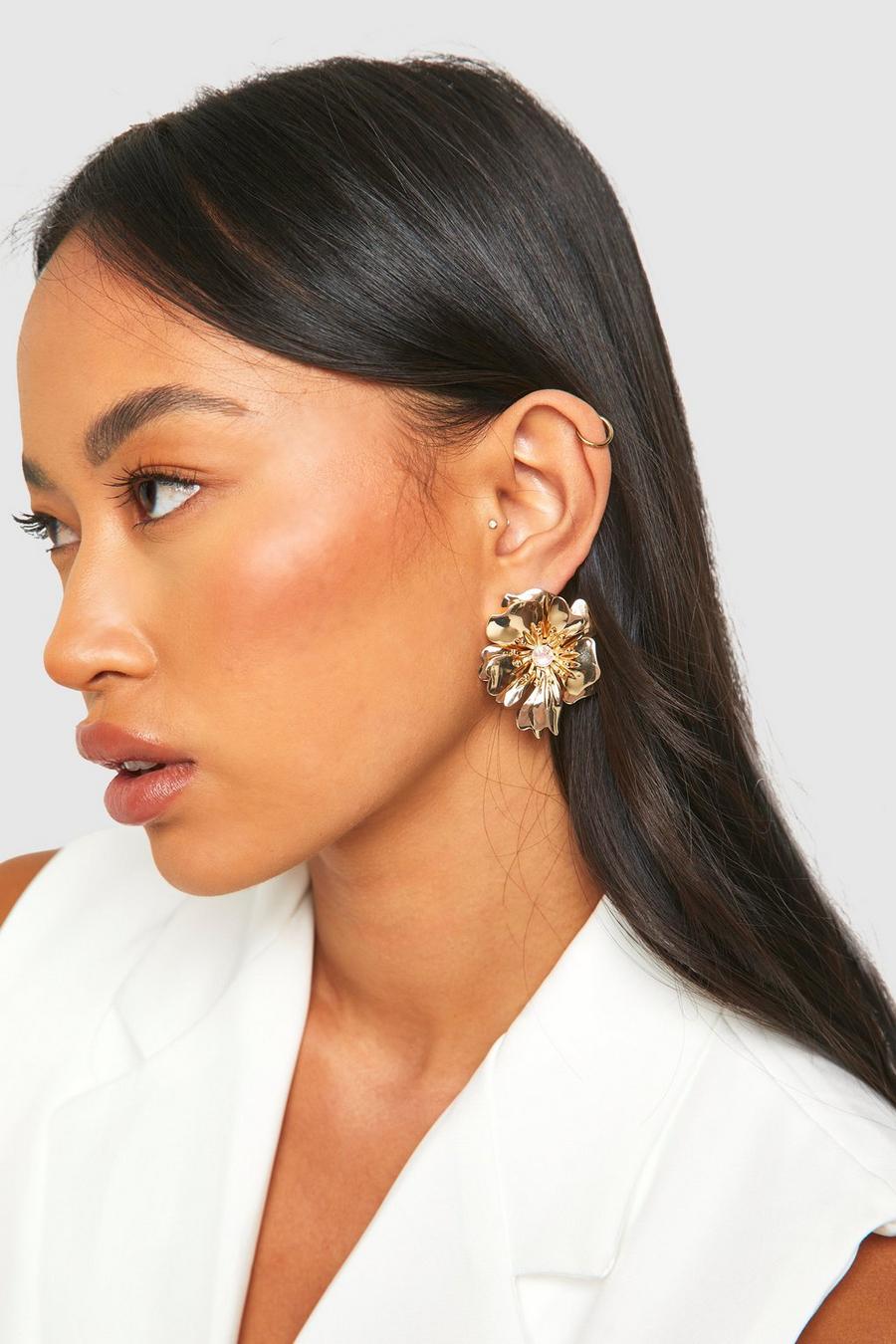 Gold Flower Diamante Stud Earrings