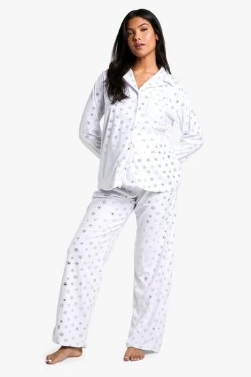 White Maternity Metallic Snowflake Fleece Pyjama Set