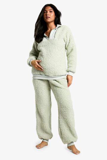 Zwangerschap Geribbelde Lounge Set Met Fleece Korte Rits En Joggingbroek sage