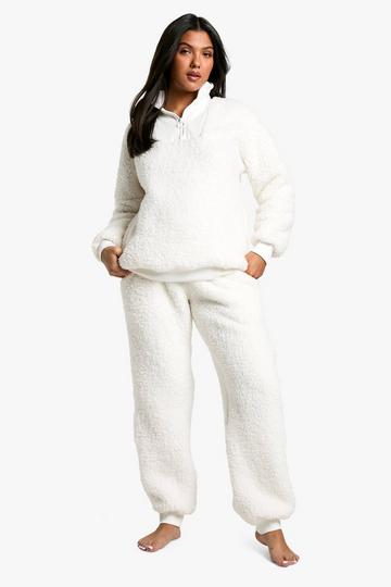 Zwangerschap Geribbelde Lounge Set Met Fleece Korte Rits En Joggingbroek cream